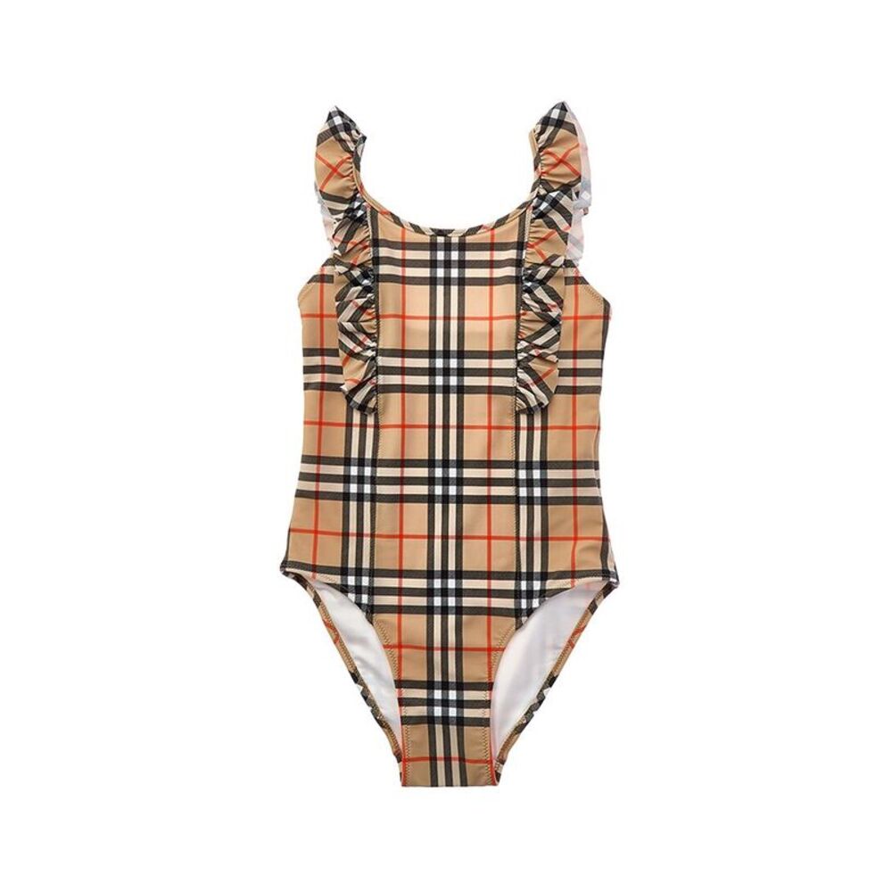 Burberry Girls  Ruffle Trim Check Swimsuit, Brown